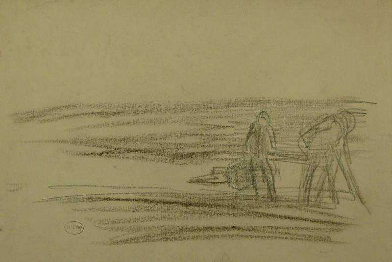 Recto: Charcoal sketch, soldiers working gun. DRA/381